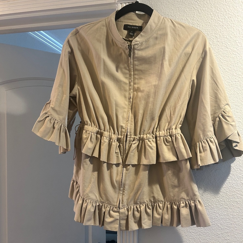 HALOGEN zip front khaki ruffle jacket xs (runs big)